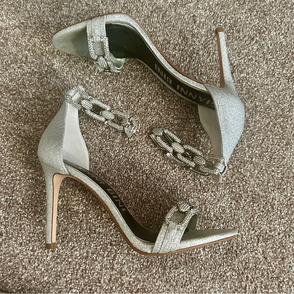 Rhinestone metallic chain ankle strap heels